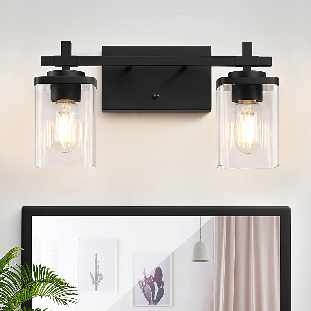 3-Lights Black and Gold Bathroom Light Fixtures Over Mirror, Modern Brushed Gold Vanity Lights for Bathroom, Sconces Wall Lighting with Square Glass Shade for Mirror Bedroom Hallway