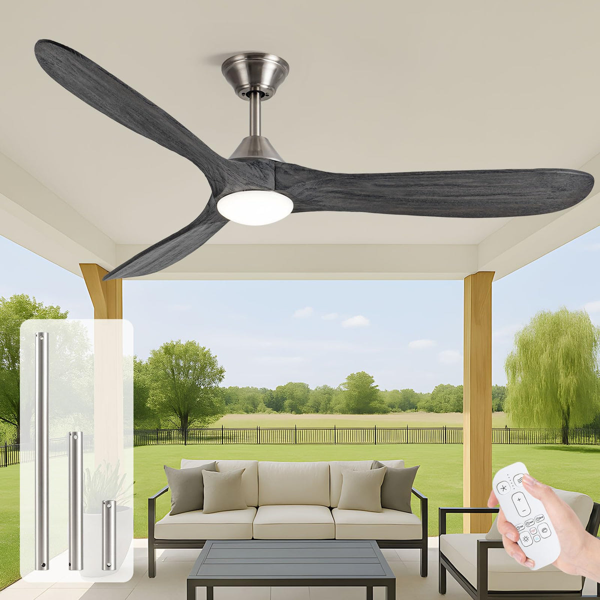 60 inch Outdoor Ceiling Fan for Patios with Light, Farmhouse style | 3 Blades Wood Ceiling Fan, Damp Rated Large Airflow Commercial Ceiling Fans for Exterior House Porch Gazebo