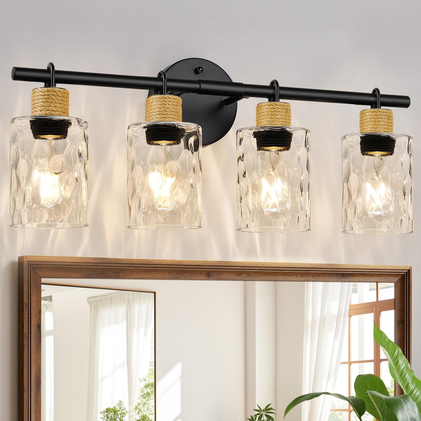 MOKATNG Bathroom Light Fixtures, 3-Light Coastal Vanity Lights with Crystal Glass Shade, Black Bathroom Wall Lamp for Mirror Kitchen Hallway Cabinet