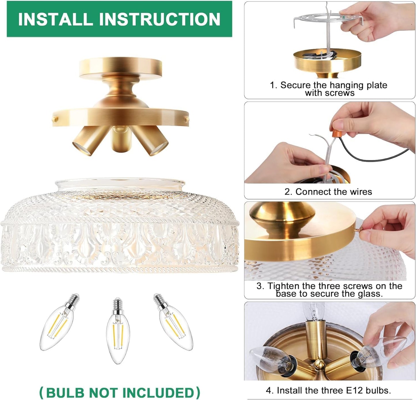 Lamomo Semi Flush Mount Ceiling Light, Golden Hallway Fixture, 12in | 3 Bulb Globe Glass Close to Sconce, kitchen lights, Indoor Hanging Lamp for Bedroom Kitchen Porch Hallway, Bulbs Not Included