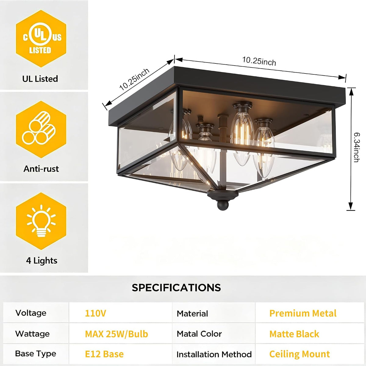Farmhouse Style Square Flush Mount Ceiling Light, 4-Light Modern. | Ceiling Light Fixture with Clear Glass, Black Close-to-Ceiling for Kitchen Hallway Balcony Porch Stairway, E12 Base