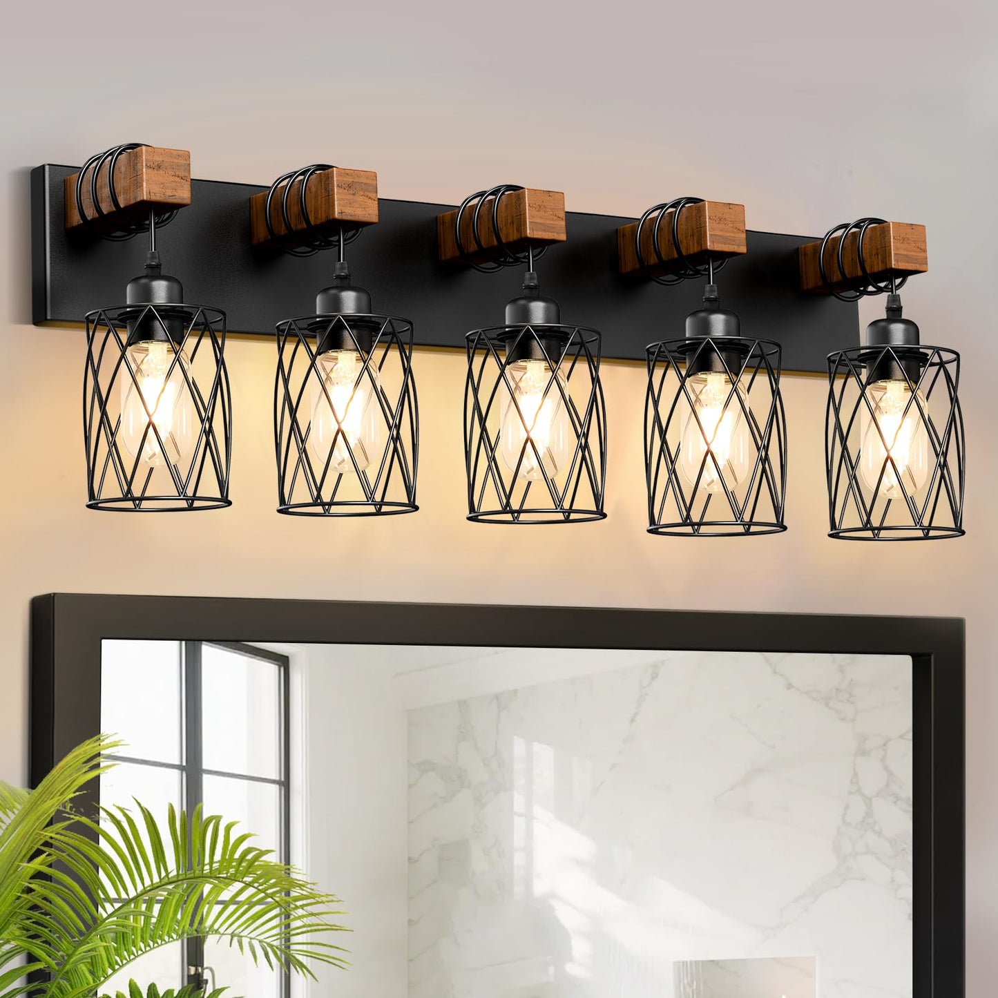 IZORRO Farmhouse Bathroom Vanity Light, 3-Light Wood Bathroom Light Fixtures Over Mirror, Black Industrial Vanity Lights with Metal Shade, Rustic Restroom Lighting Fixtures