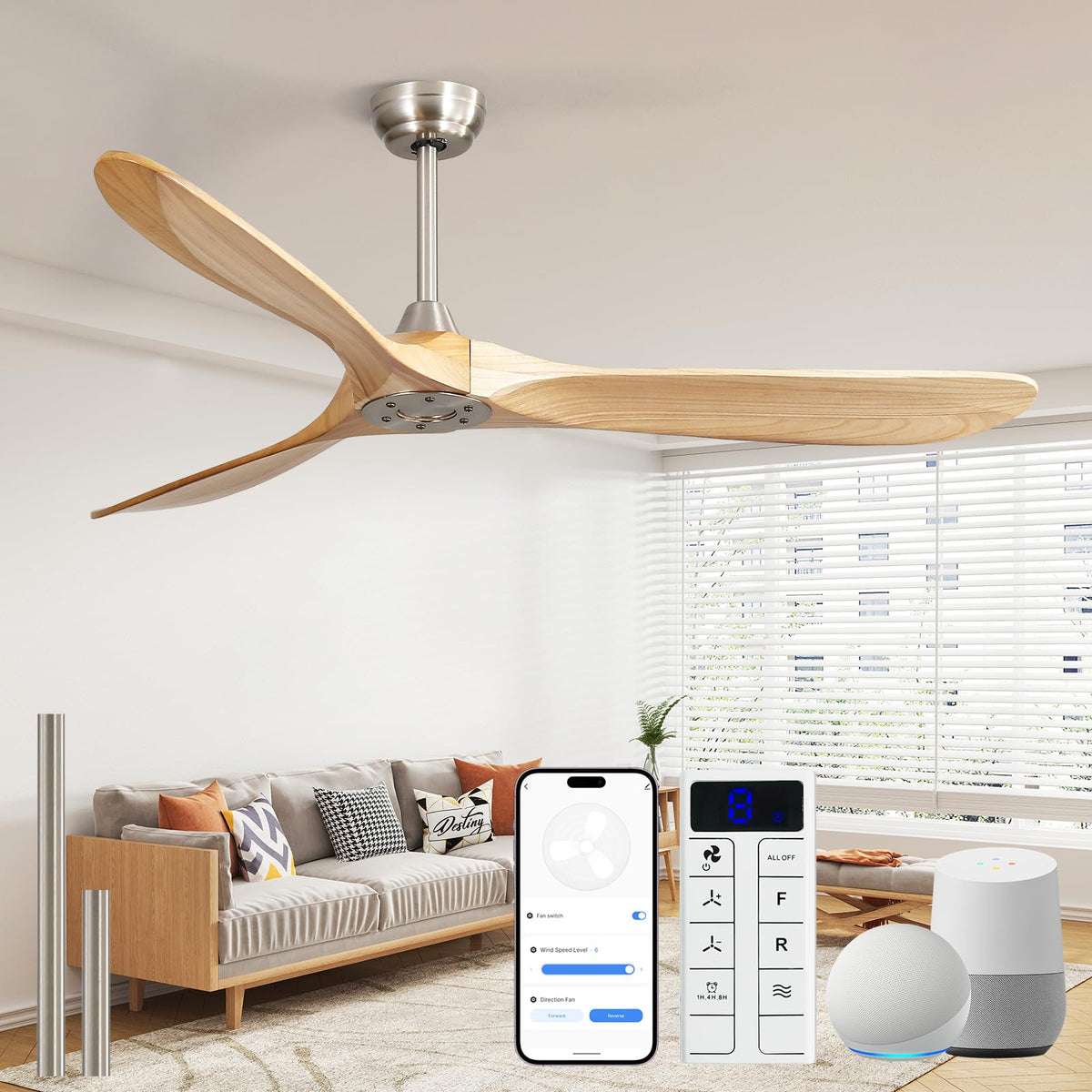 Sofucor 52 Inch Wood Ceiling Fans with Lights and Remote, Indoor/Outdoor | Modern, 3 Blade, Quiet Reversible DC Motor, 3CCT Dimmable, 6 Speeds, Timer, Bedroom/Living Room/Patio/Kitchen, Natural Wood
