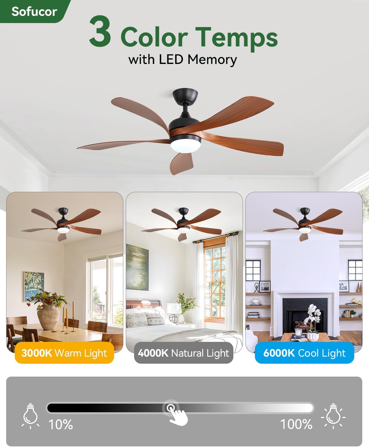 Sofucor 52 Inch Ceiling Fan with Light, 5 ABS Blades Brown | Remote Control Compatible, Reversible Quiet DC Motor, Timer, 6 Speeds, 3-CCT for Living Room Bedroom Patio Farmhouse