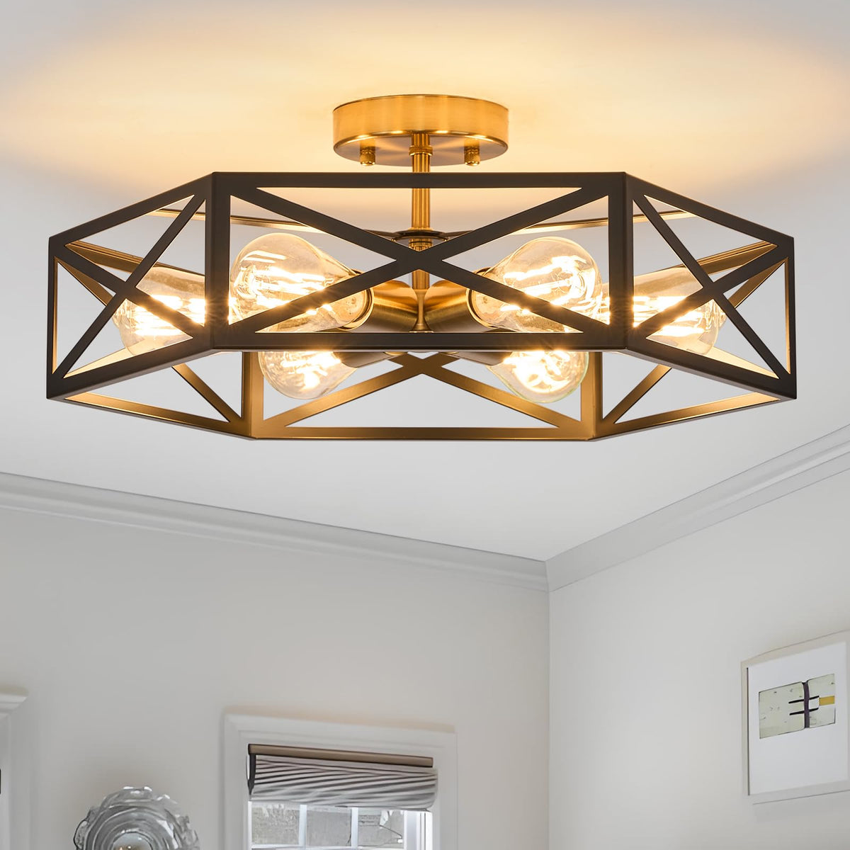 Modern Farmhouse Black Metal Semi Flush Mount Ceiling Light Fixture 14.6 in | Industrial Lighting Fixture,Hexagonal Close to Ceiling Lights for Kitchen Island, Hallway,Bedroom,Foyer,Dining,Laundry Room
