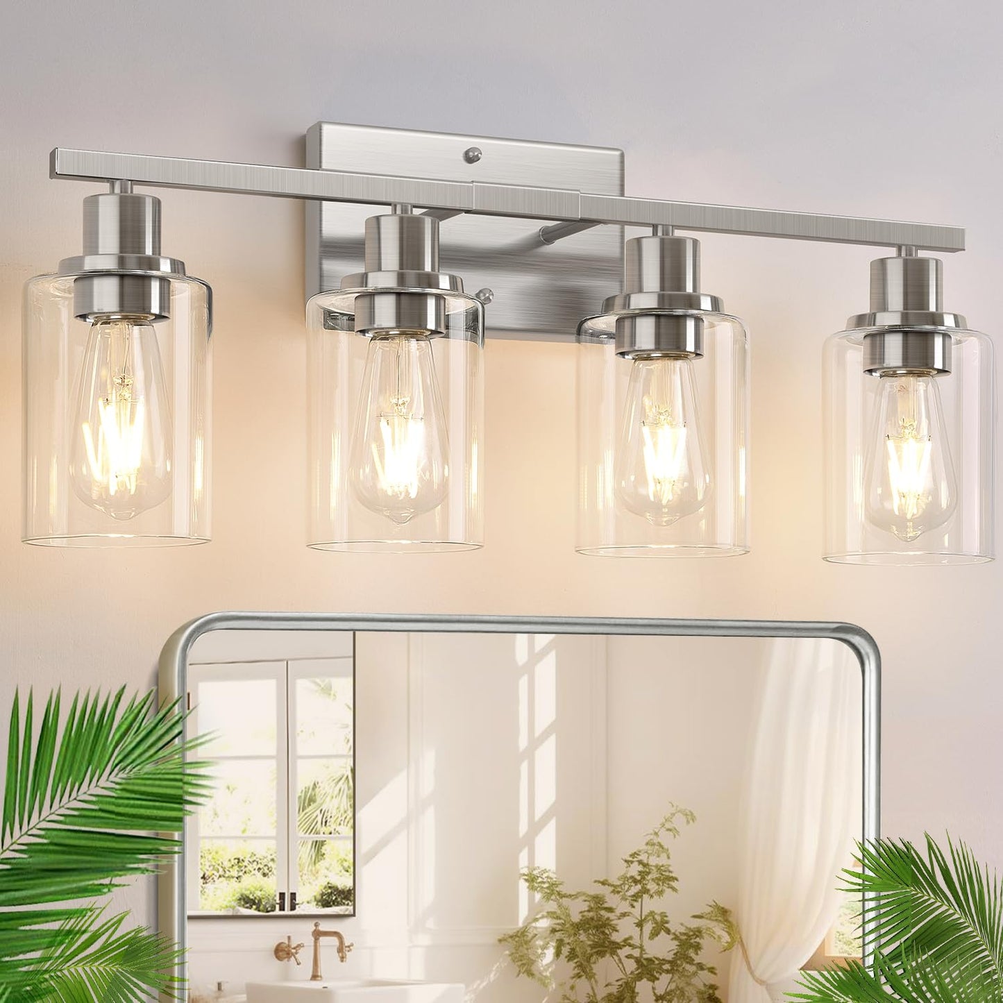 Indoi 4-Light Bathroom Light Fixtures, Matte Black Modern Vanity Lights with Clear Glass Shades, Bathroom Wall Lamp for Mirror Living Room Cabinet Bedroom Porch