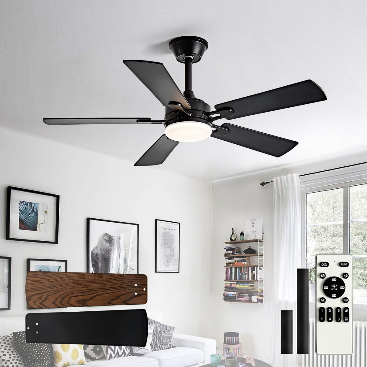 Depuley 52-Inch Ceiling Fan with Light: Black 3 Blade Outdoor Fans for Patios - Dimmable Indoor Fan with Remote Control Fandelier for Living Room Bedroom Porch Quiet Motor Reversible 6 Speed Timer