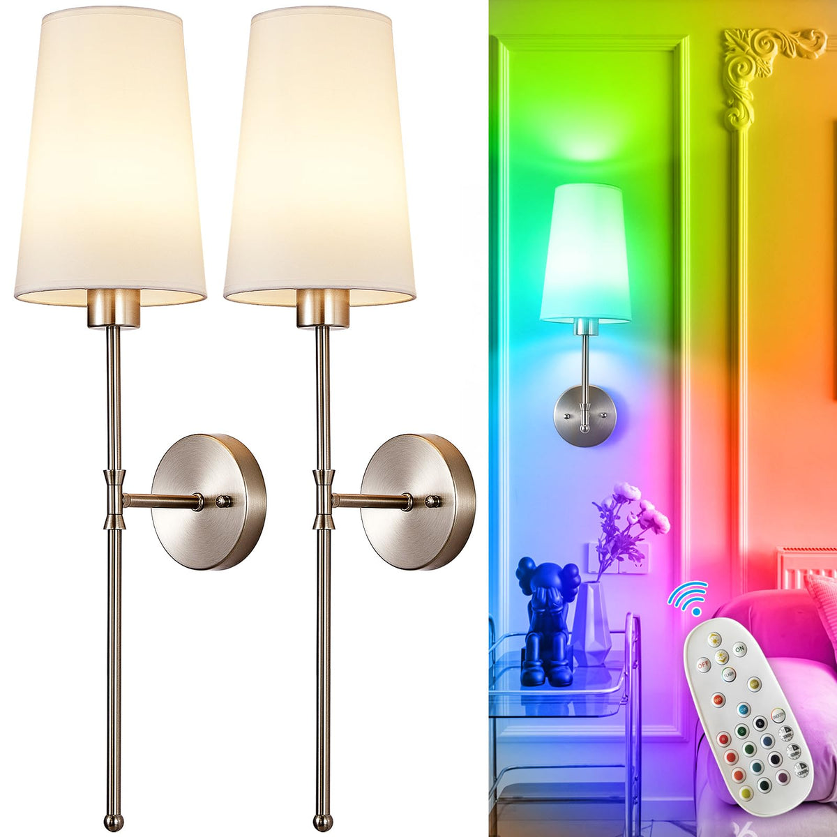 Depuley Battery Operated Wall Sconce: Set of 2 Wireless Wall Lights with 10000mAh Dimmable Bulbs and Remote for Bedroom - Rechargeable 15 Colors Gold Wall Lamp for Living Room Hallway