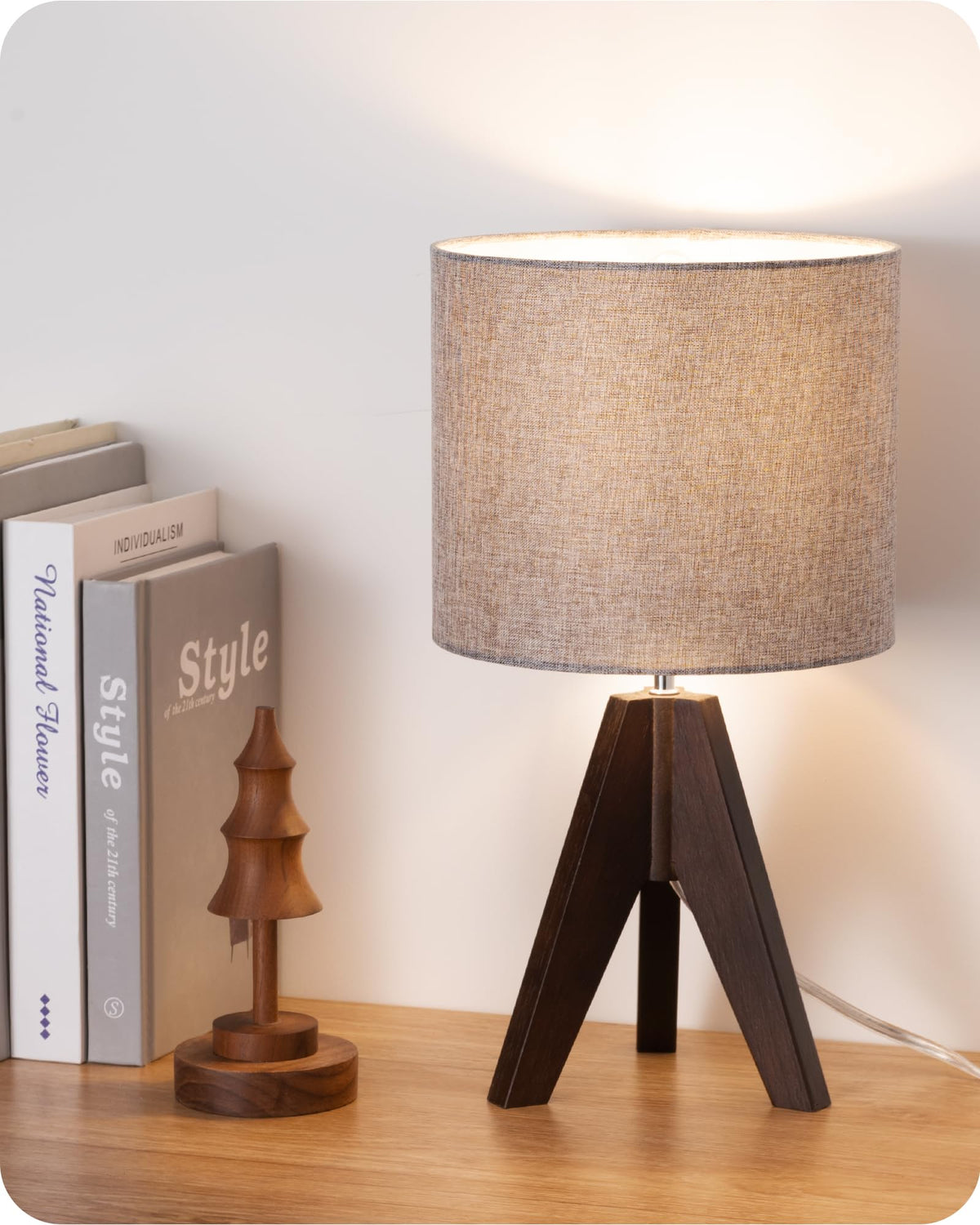EDISHINE Tripod Table Lamp, Small Cute Bedside Lamp, 14.2 Inch, E26 Base | Light Brown Wooden Base, Linen Beige Lampshade, Nightstand Lamp for Nursery, Bedroom, Kid Room, Living Room
