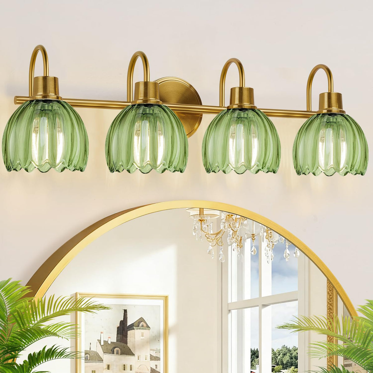 Bathroom Light Fixtures, 3-Light Brushed Gold Vanity Lights for Bathroom with Ribbed Amber Tulip Glass Shade, 20 in Bathroom Vanity Lights Over Mirror for Bedroom, Living Room, Hallway