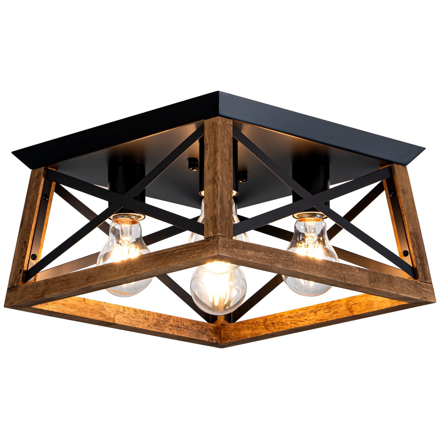 Farmhouse Ceiling Light, 2-Light Round Flush Mount Ceiling Light with Wood and Metal Frame, Black Rustic Light Fixture for Hallway, Entryway, Bedroom, Kitchen