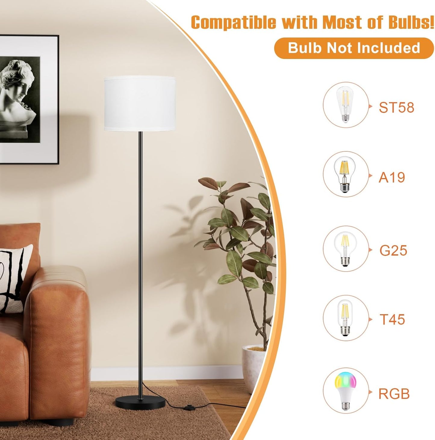Modern Floor Lamp Simple Design with White Shade & Foot Pedal Switch | 60" Black Floor Lamp(Without Bulb), Tall Lamps for Living Room Bedroom Office Dining Room Kitchen
