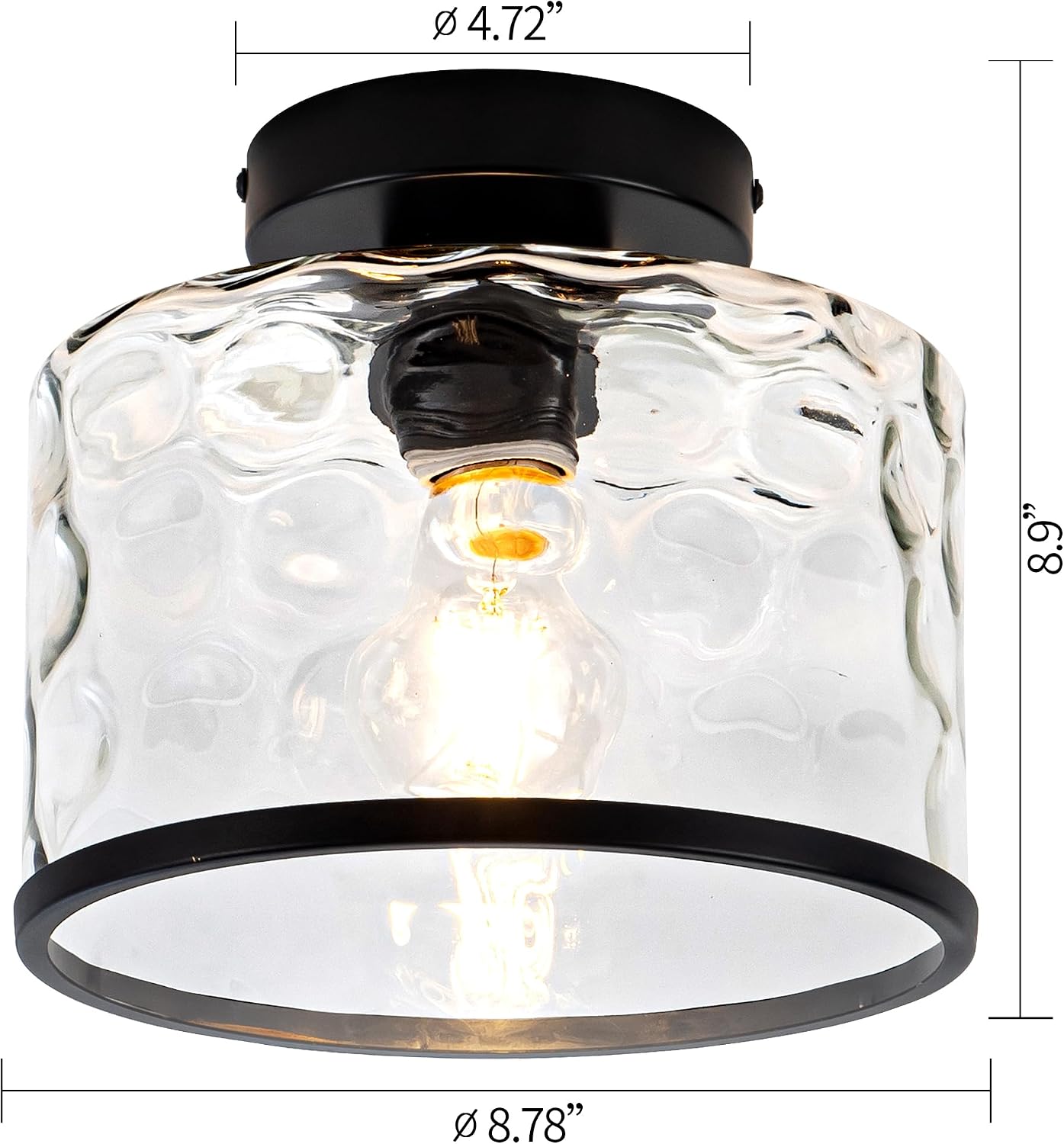 Zlepmlla Glass Ceiling Light, Black Semi Flush Mount with Hammered Glass Shade, Farmhouse Light Fixture for Hallway, Bathroom, Entryway, Kitchen,Living Room