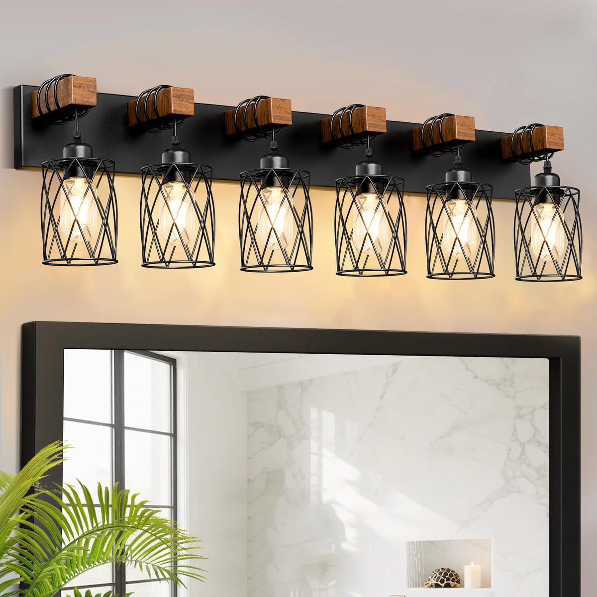 IZORRO Farmhouse Bathroom Vanity Light, 3-Light Wood Bathroom Light Fixtures Over Mirror, Black Industrial Vanity Lights with Metal Shade, Rustic Restroom Lighting Fixtures
