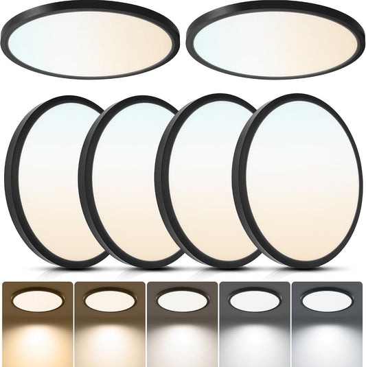 6-Pack 12in Ultra Thin LED Flush Mount Ceiling Light,Dimmable,5CCT | 2700K-6500K, 24W 2640LM, Anti-Glare,Edge-lit, Hardwired Light Fixture for Bedroom Kitchen Hallway Laundry Porch, Black
