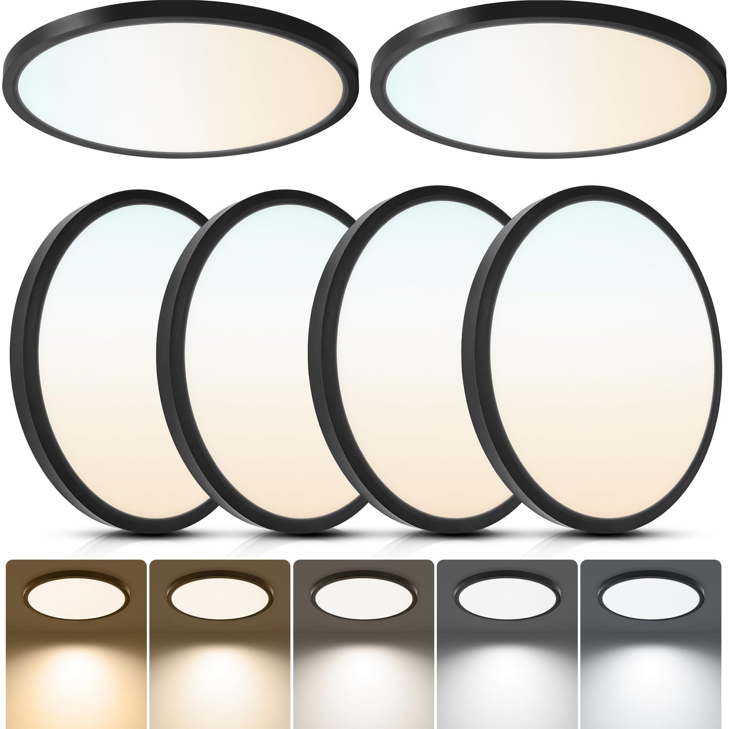 6-Pack 12in Ultra Thin LED Flush Mount Ceiling Light,Dimmable,5CCT | 2700K-6500K, 24W 2640LM, Anti-Glare,Edge-lit, Hardwired Light Fixture for Bedroom Kitchen Hallway Laundry Porch, Black