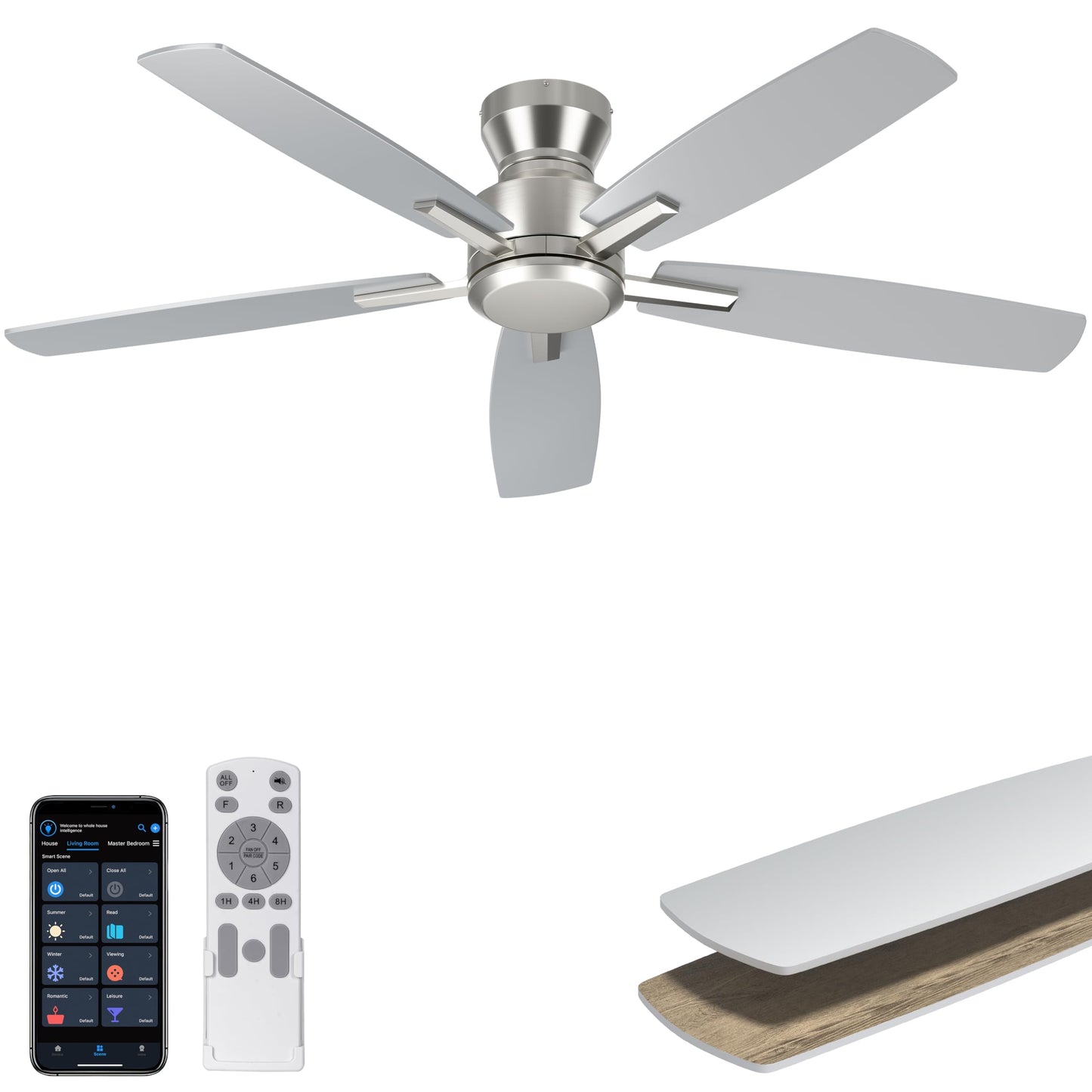 Ohniyou 52'' Low Profile Ceiling Fan with Lights, Remote/APP Control, Black | Flush Mount, Dimmable 3CCT LED, Quiet Reversible DC Motor; Memory Function, 4580 CFM, for Indoor Bedroom Living Room
