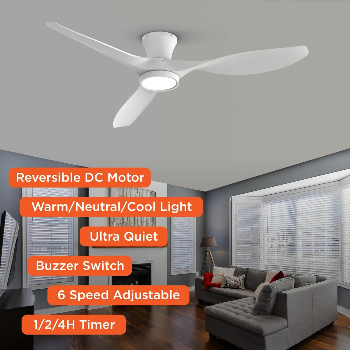 TALOYA 52 inch Ceiling Fans with Lights and Remote Control White | Modern Low Profile,Flush Mount ,Quiet Reversible DC Motor,3 Blades, for Bedroom Patio Indoor Covered Outdoor Use
