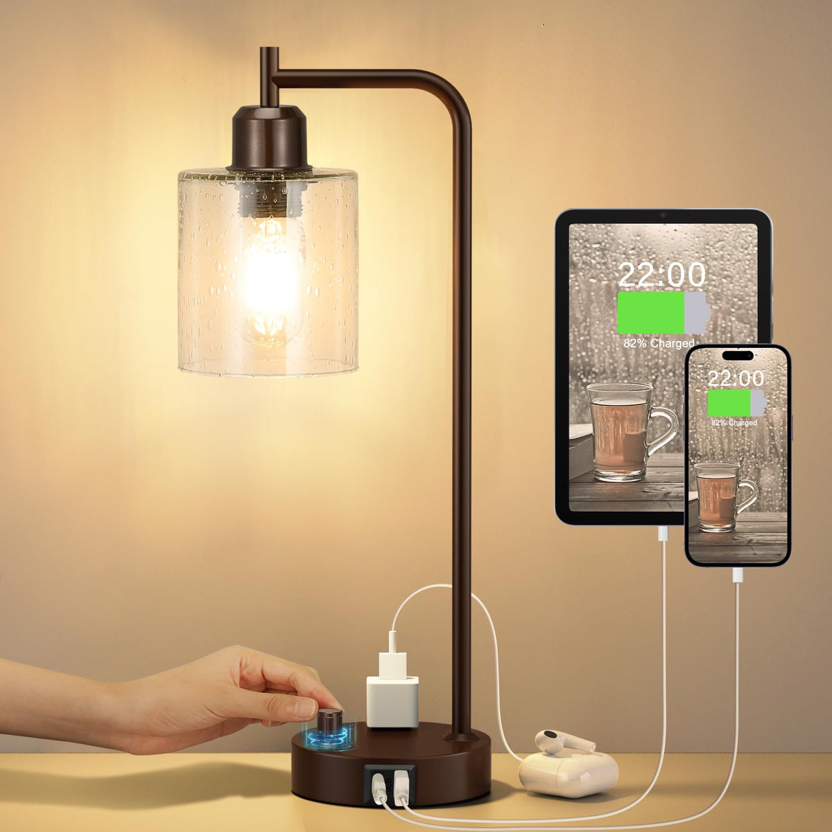 Innqoo Gold Table Lamp for Bedroom - Industrial Bedside Lamp with USB Port and Outlet, Fully Dimmable Nightstand Lamp with Clear Glass Shade, Small Desk Lamps for Home Office