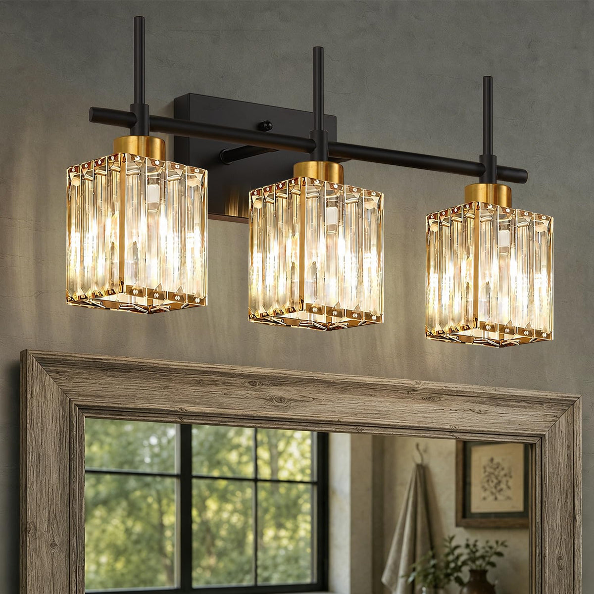 Torondo Modern Crystal Bathroom Vanity Light 4-Lights Gold Bathroom Light Fixtures Over Mirror Black and Gold Vanity Lighting Fixtures Gold Square Shade Brass Wall Sconce (Bulbs Not Include)