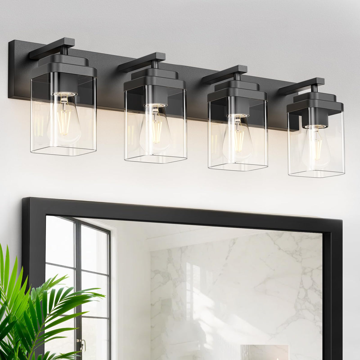 Black Bathroom Light Fixtures, 3 Lights Bathroom Lighting Fixtures Over Mirror, Square Design & Rectangle Large Backplate, Modern Vanity Lighting Fixtures, for Bathroom/Living Room/Bedroom