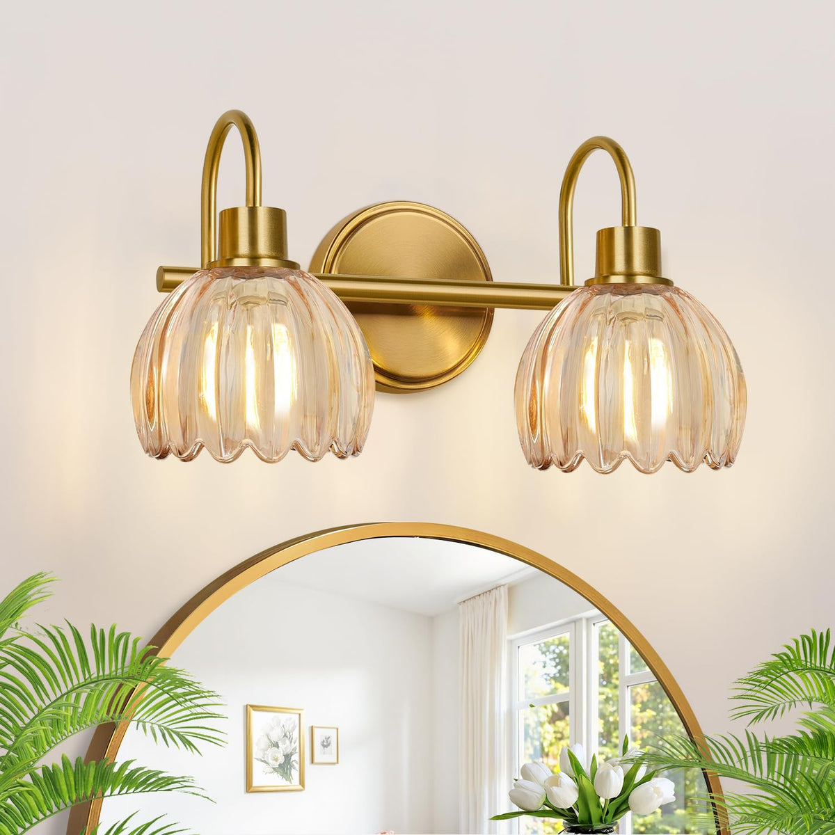 Bathroom Light Fixtures, 3-Light Brushed Gold Vanity Lights for Bathroom with Ribbed Amber Tulip Glass Shade, 20 in Bathroom Vanity Lights Over Mirror for Bedroom, Living Room, Hallway