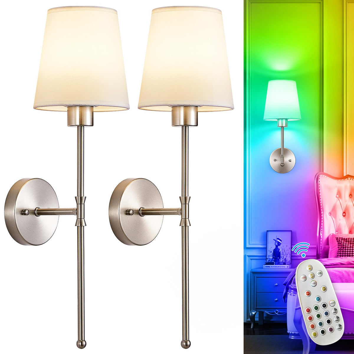 Depuley Battery Operated Wall Sconce: Set of 2 Wireless Wall Lights with 10000mAh Dimmable Bulbs and Remote for Bedroom - Rechargeable 15 Colors Gold Wall Lamp for Living Room Hallway