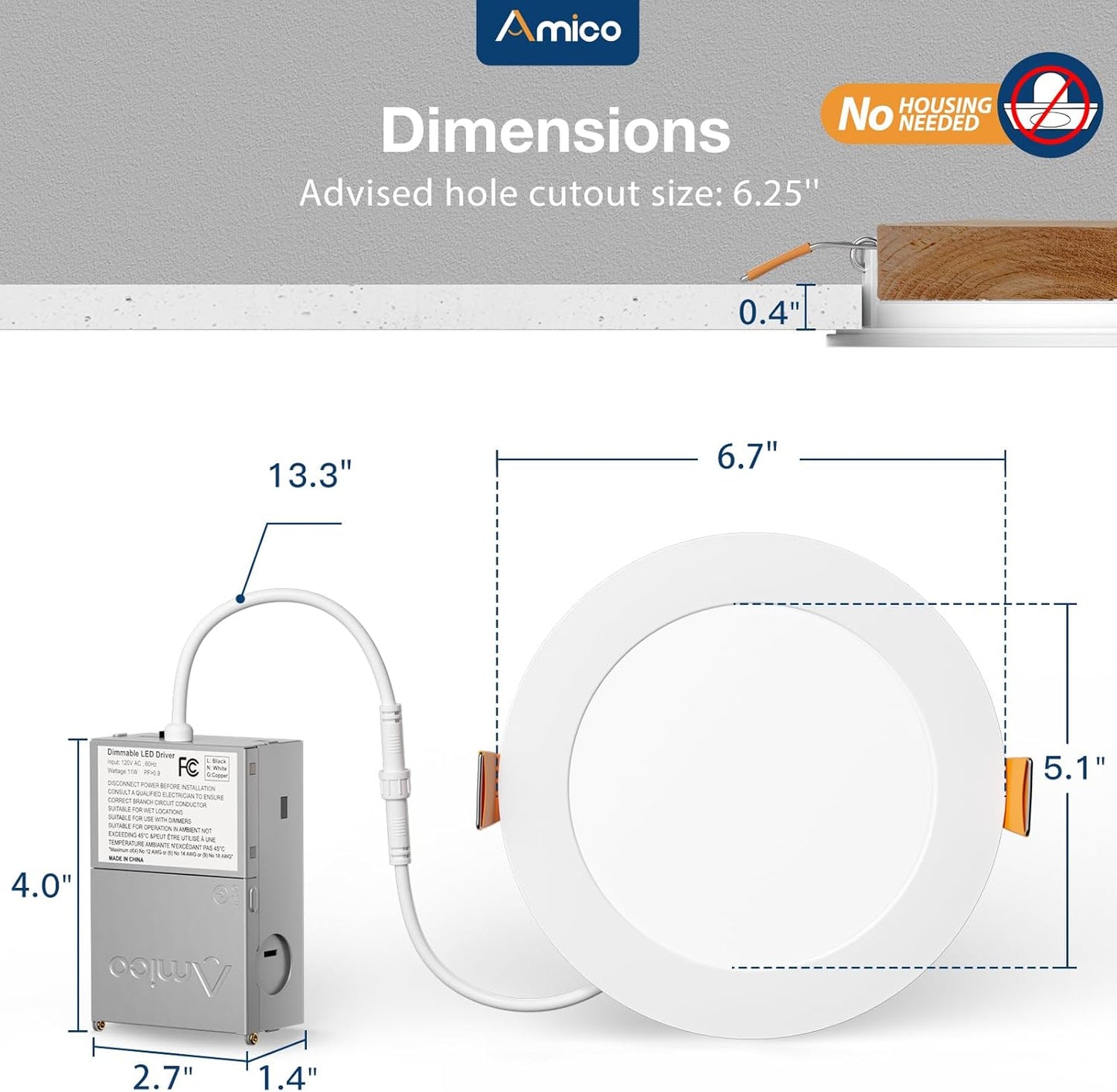 Amico 12 Pack 6 Inch LED Recessed Lighting, Canless Wafer Downlight, White | 5CCT 2700K-5000K, 5%-100% Dimmable, Ultra-thin, Metal housing, 1050LM 12W 120V, IC & Damp Rated, ETL & FCC, 50000h Life Span