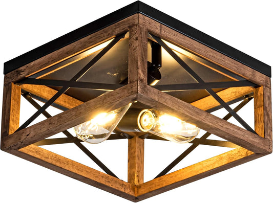 Rpzloila Flush Mount Ceiling Light Fixture for Kitchen Hallway, 2-Light Close to Ceiling Light with Black Metal and Wood Design, Rustic Farmhouse Ceiling (Bulb not Included)