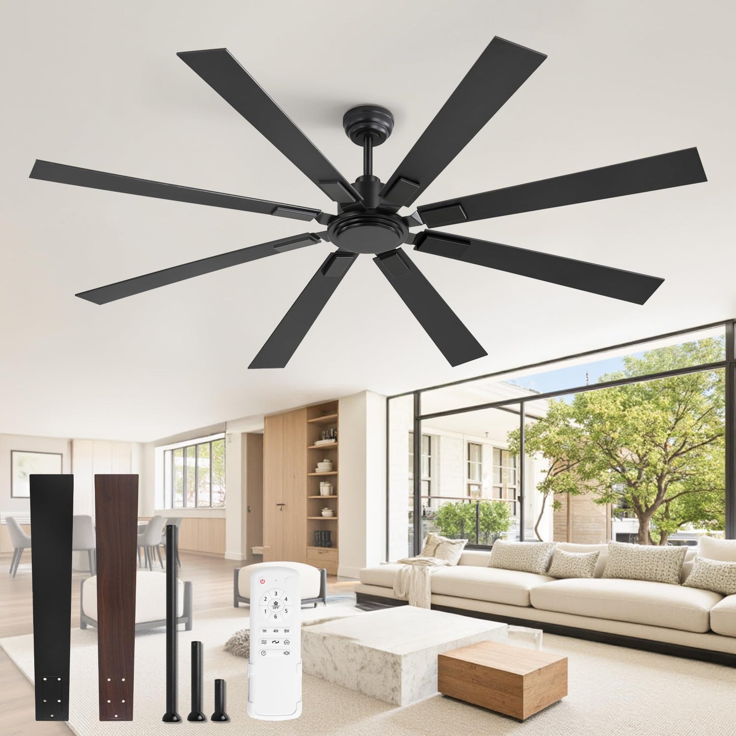 ZMISHIBO 72 Inch Ceiling Fan No Light with Remote, 6-Speeds | 6 Speeds Quiet Reversible DC Motor, Large Ceiling Fan Without Light, Indoor/Outdoor Ceiling Fans for Living Room Patios