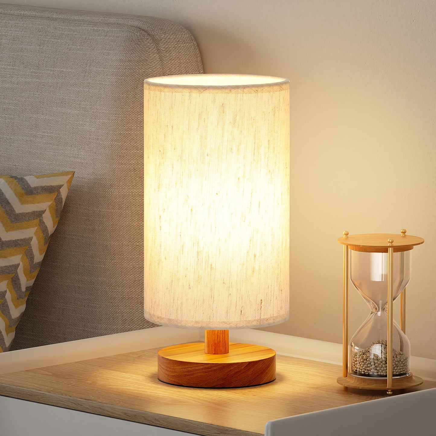 9" Small Table Lamp for Bedroom - Inline Control with 3000K Blub | Cream Shade and Wood Base | 680 Lumens | Easy Assembly | Minimalist Design | E26 | for Kitchen | for Kids Room