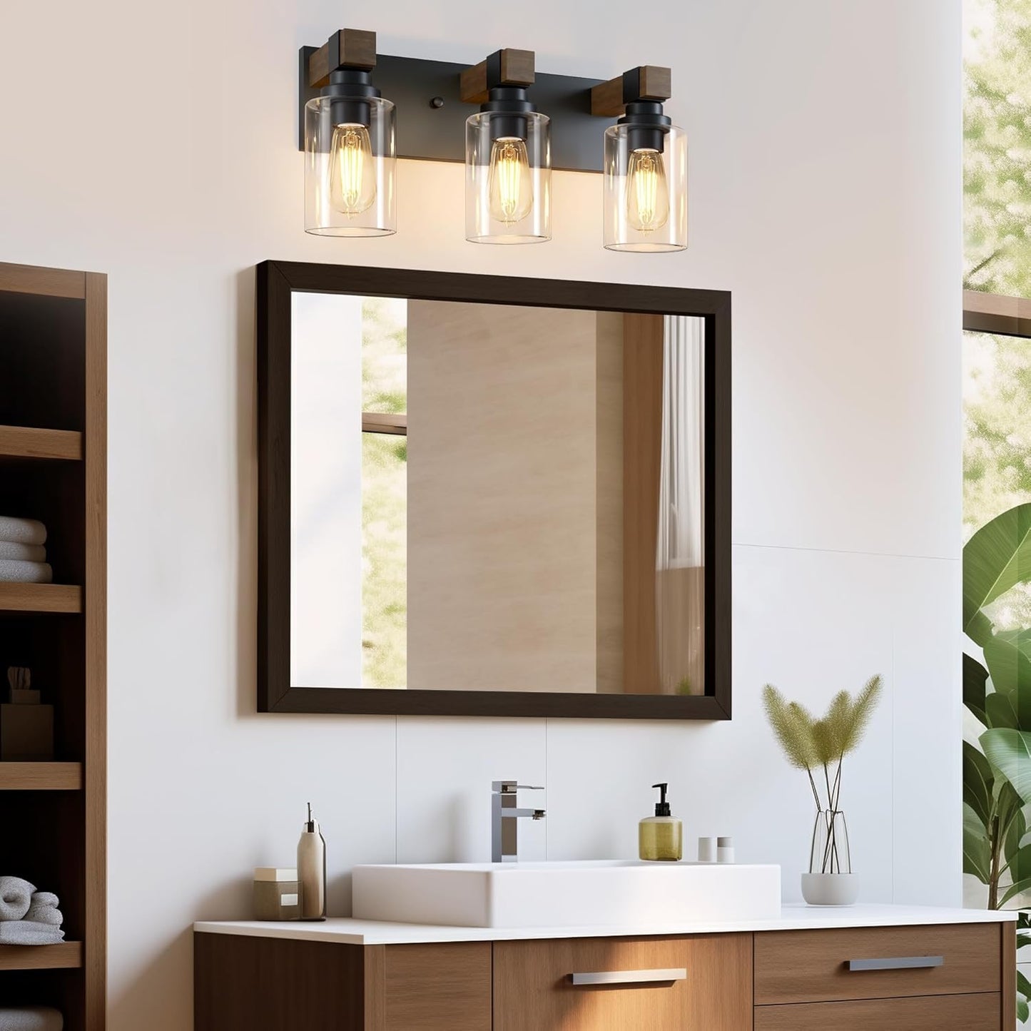 Farmhouse 3-Light Bathroom Vanity Light Fixtures, Black and Wood | 18.8″ Rustic Matte Black Metal Frame, Clear Glass Shades, Vintage Wall Sconces Lighting Over Mirror, for Bathroom Restroom