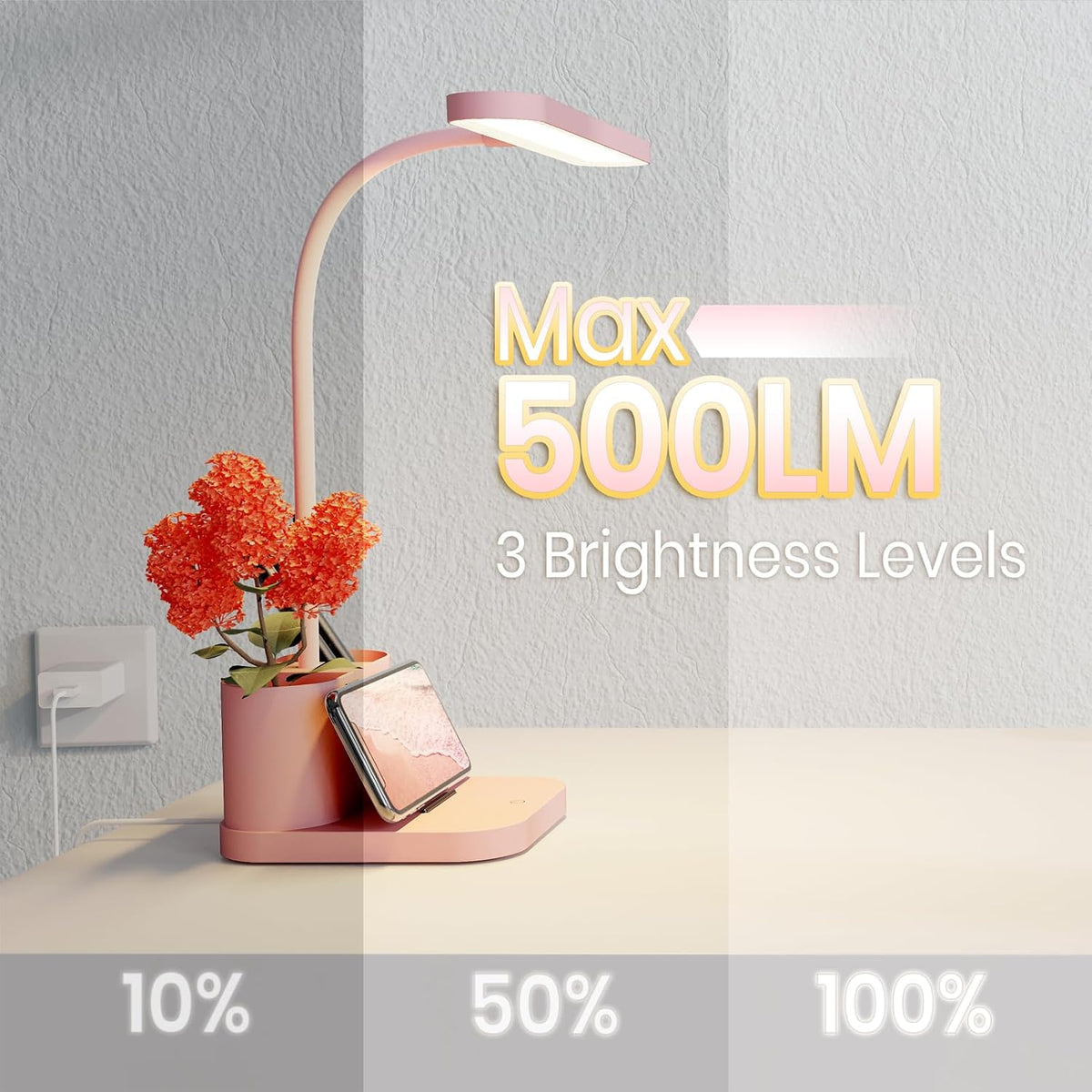 Pink Desk Lamp for Teen Girls, College Dorm Room Cute Table Light | Home Office Bedroom Essentials, Kawaii, Dimmable LED, Flexible Gooseneck, Pen Holder, Touch Control, for Kids Adults