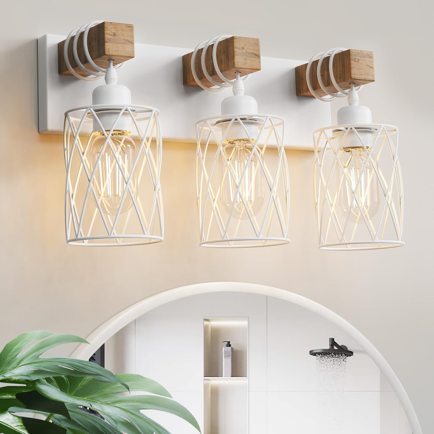 IZORRO Farmhouse Bathroom Vanity Light, 3-Light Wood Bathroom Light Fixtures Over Mirror, Black Industrial Vanity Lights with Metal Shade, Rustic Restroom Lighting Fixtures