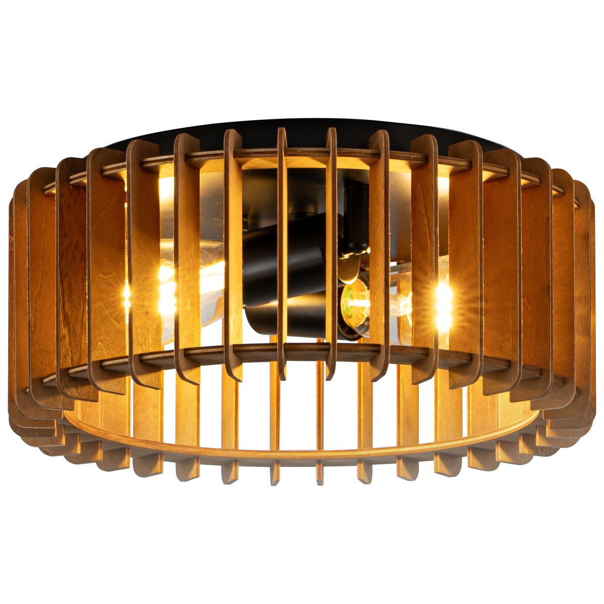 Farmhouse Ceiling Light, 2-Light Round Flush Mount Ceiling Light with Wood and Metal Frame, Black Rustic Light Fixture for Hallway, Entryway, Bedroom, Kitchen