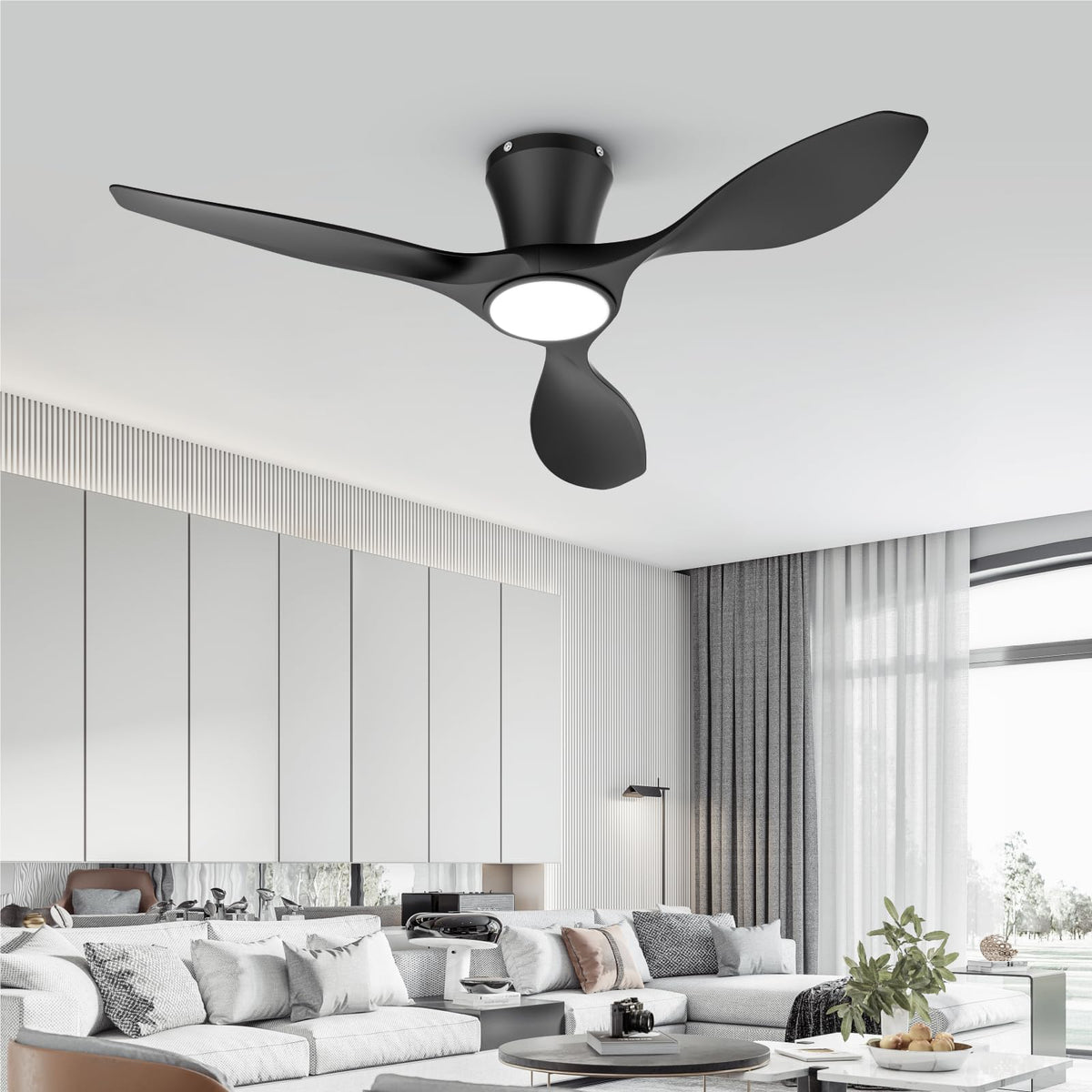 TALOYA 52 Inch Ceiling Fan with Led Light Remote Control Flush Mount Low Profile for Bedroom Farmhouse Patio Outdoor Living Room Kitchen Dining Room,DC Motor,Reversible,Black