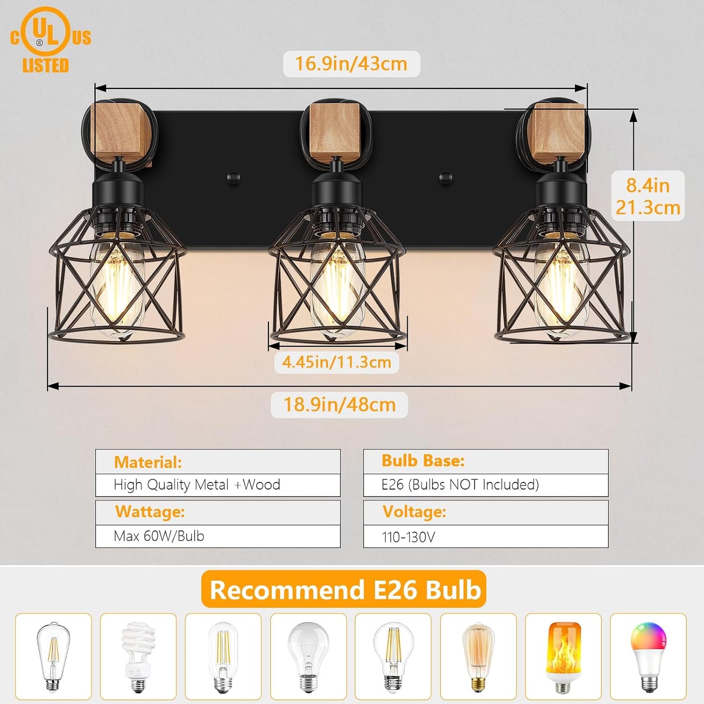 FadimiKoo 3-Light Bathroom Vanity Lights, Farmhouse Bathroom Light Fixtures | Rustic Wood & Black Metal Shade, Wood Bathroom Lighting Fixtures Over Mirror, Wall Sconces for Bathroom Bedroom Living Room