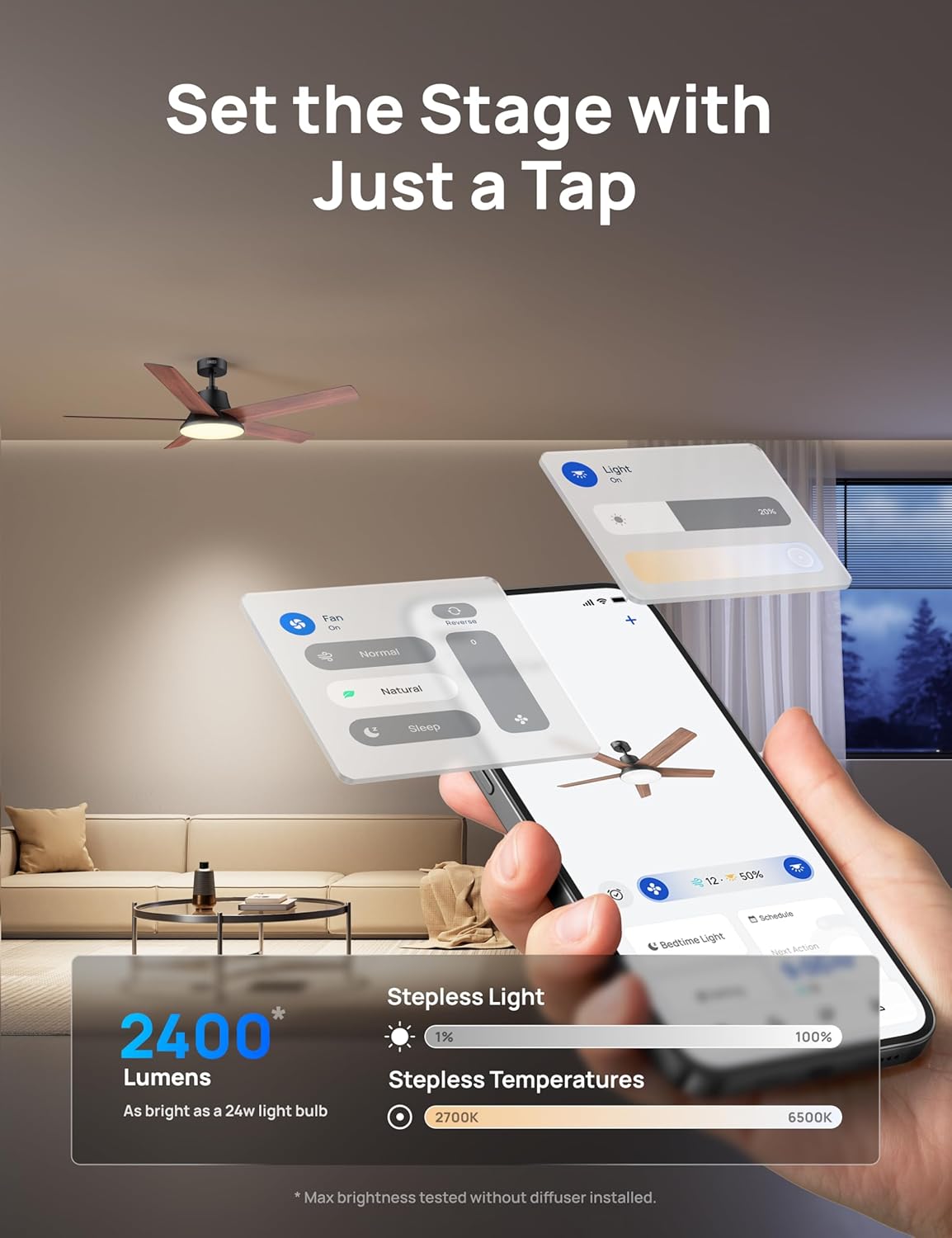 DREO Smart Ceiling Fan with Lights, 52 Inch, 12 Speeds & 3 Fan Modes, Stepless, Dimmable LED Light, Timer, 22dB Quiet DC Motor, Remote/APP/Alexa Control, Black Ceiling Fans Indoor, 2026 Upgraded