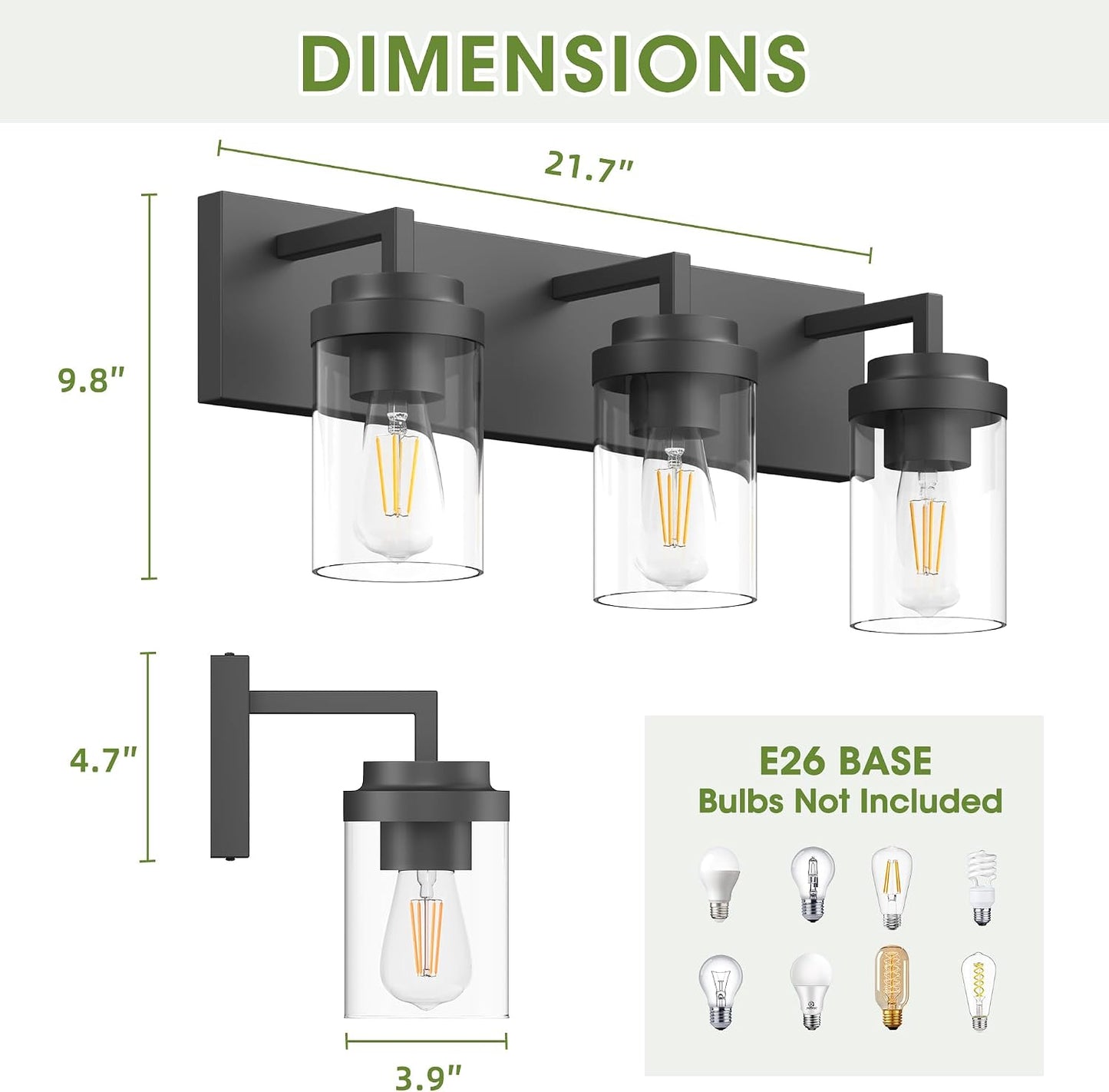 Bathroom Vanity Light, 3 Light Matte Black Vanity Lights with Clear Glass Shade, 22in Modern Wall Sconces, Bathroom Lighting Fixtures Over Mirror for Living Room