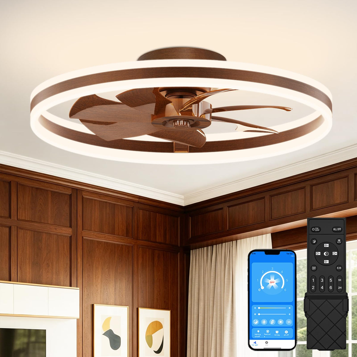 VOLISUN Low Profile Ceiling Fans with Lights and Remote, 27.6in Flush Mount Ceiling Fans with Light, 3000K-6500K Dimmable Fandelier LED Fan Light, Black Bladeless Ceiling Fans with Lights for Bedroom
