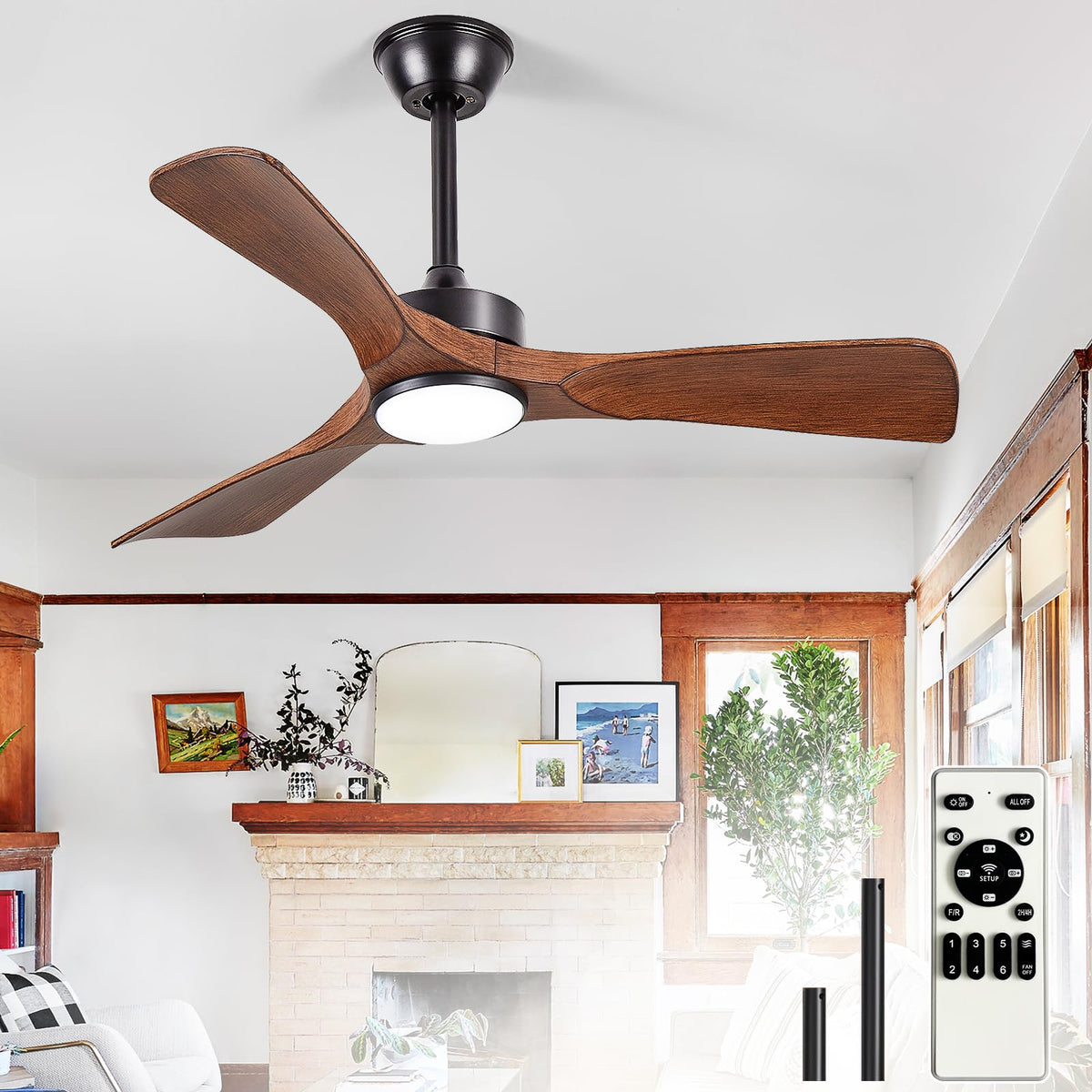 Outdoor Ceiling Fan with Light: 52 Inch 3 Blade Outdoor Fans for Patios - Modern Plastic Walnut Ceiling Fan with Dimmable Light Remote Control Ultra Quiet Reversible DC Motor Timer