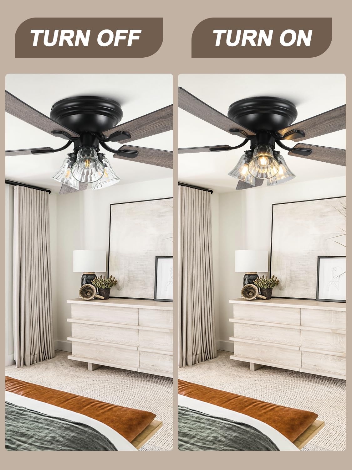 52 Inch Flush Mount Farmhouse Ceiling Fans with Lights and Remote Control | 5 Reversible Blades Vintage Low Profile Ceiling Fan with 3-Light 6 Speeds for Living Room Bedroom Kitchen Dining Room