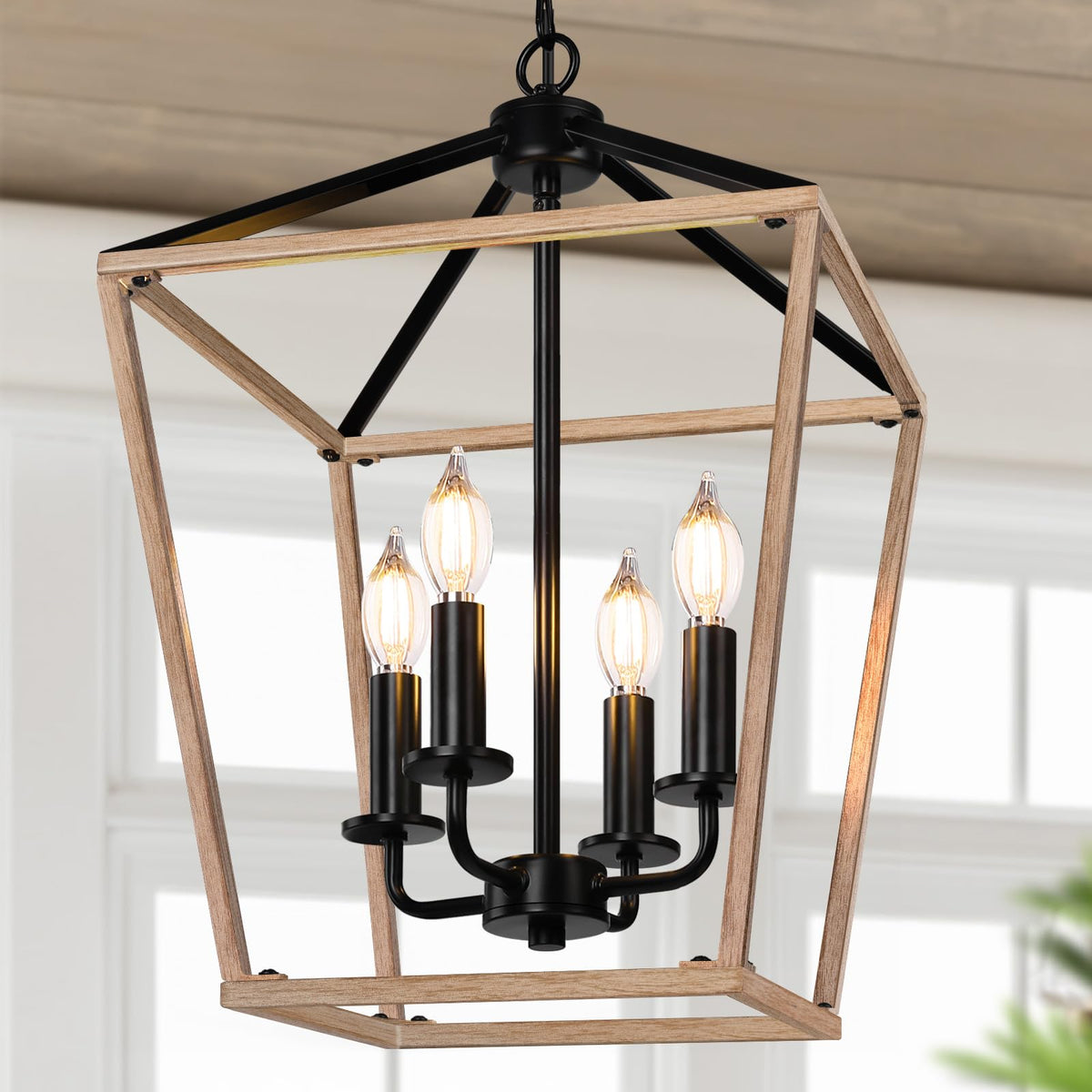 Black Farmhouse Chandelier, 4-Light Foyer Lighting Fixtures for Dining Room | Industrial Kitchen Lantern chandelier Over Table, Pendant Island Ceiling Light for Entryway, Metal Cage Adjustable Height