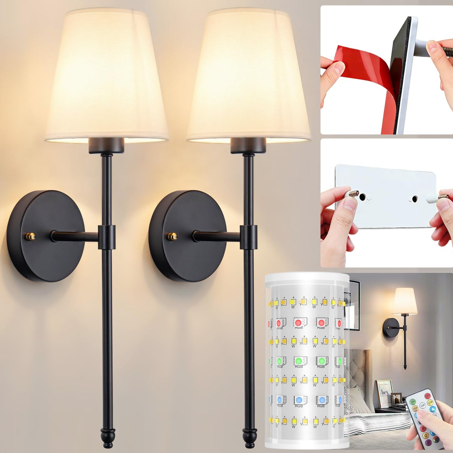Nekhung Battery Operated Wall Sconce, Peel and Stick Sconces Set of 2 | Wireless Adhesive Stick On Wall Sconce, 10000mAh Rechargeable RGB Bulb with Remote, No Drill Wall Light for Bedroom Decor