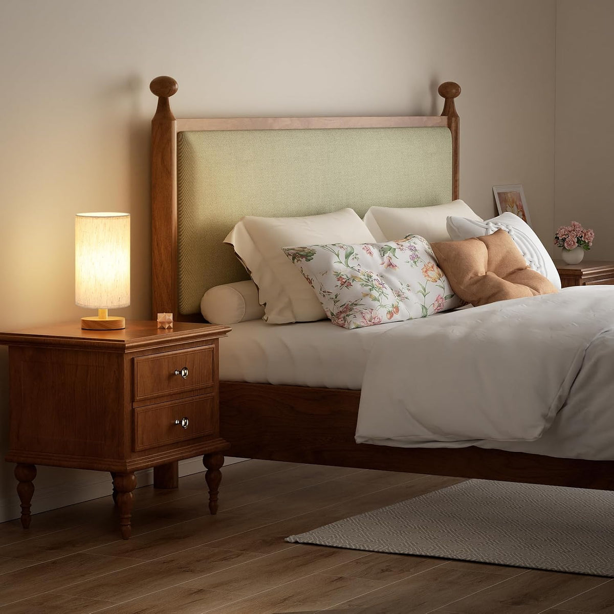 9" Small Table Lamp for Bedroom - Inline Control with 3000K Blub | Cream Shade and Wood Base | 680 Lumens | Easy Assembly | Minimalist Design | E26 | for Kitchen | for Kids Room