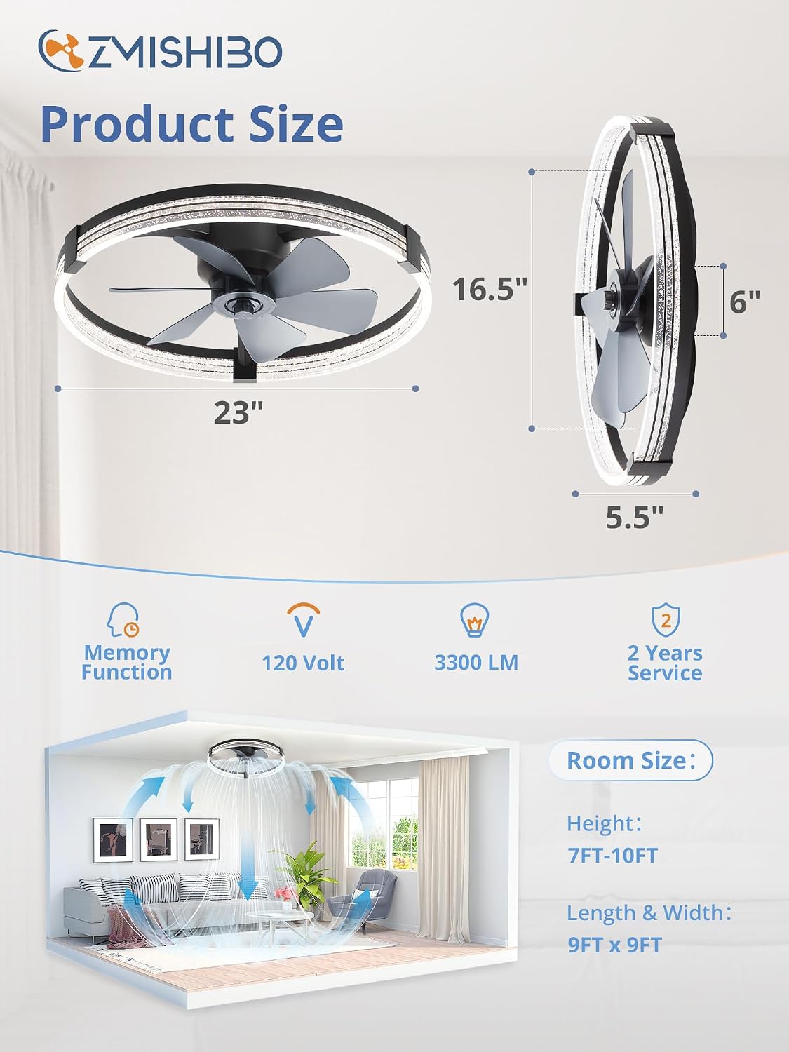 ZMISHIBO Ceiling Fan with Light and remote, 23'' Low Profile Ceiling Fans | Flush Mount Modern Ceiling Fan and Remote Control, 3000K-7000K Dimmable, Modern Fandelier for Bedroom, Living Room