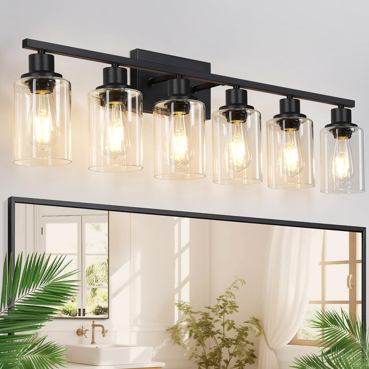 Indoi 4-Light Bathroom Light Fixtures, Matte Black Modern Vanity Lights with Clear Glass Shades, Bathroom Wall Lamp for Mirror Living Room Cabinet Bedroom Porch