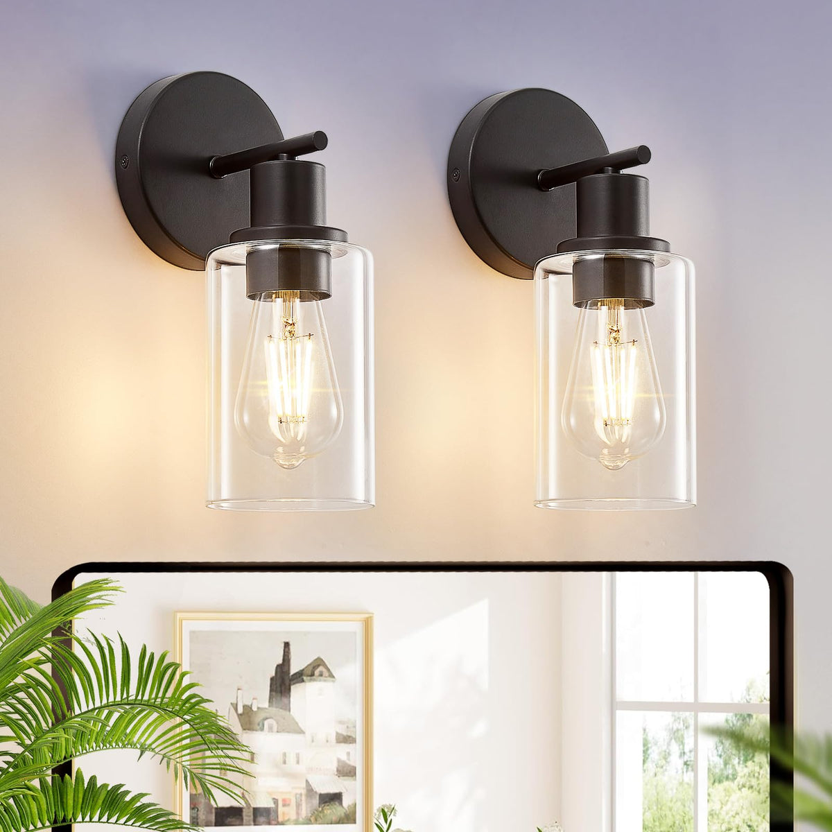 DLLT 3-Light Bathroom Light Fixtures: Set of 2 Black Modern Vanity Lights with Clear Glass Shade - 18.51" Bathroom Wall Lamp for Mirror Kitchen Living Room