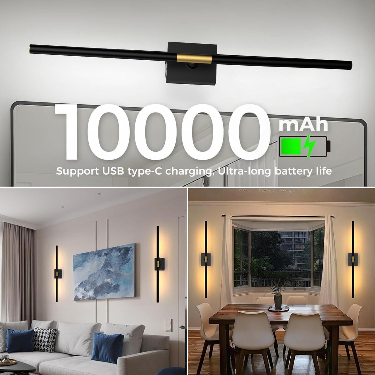 Battery Operated Wall Sconces Set of 2, 10000mAh, Black | Detachable rechargeable battery, 31.5" wireless lighting for TV wall mirror bedroom or living room decor