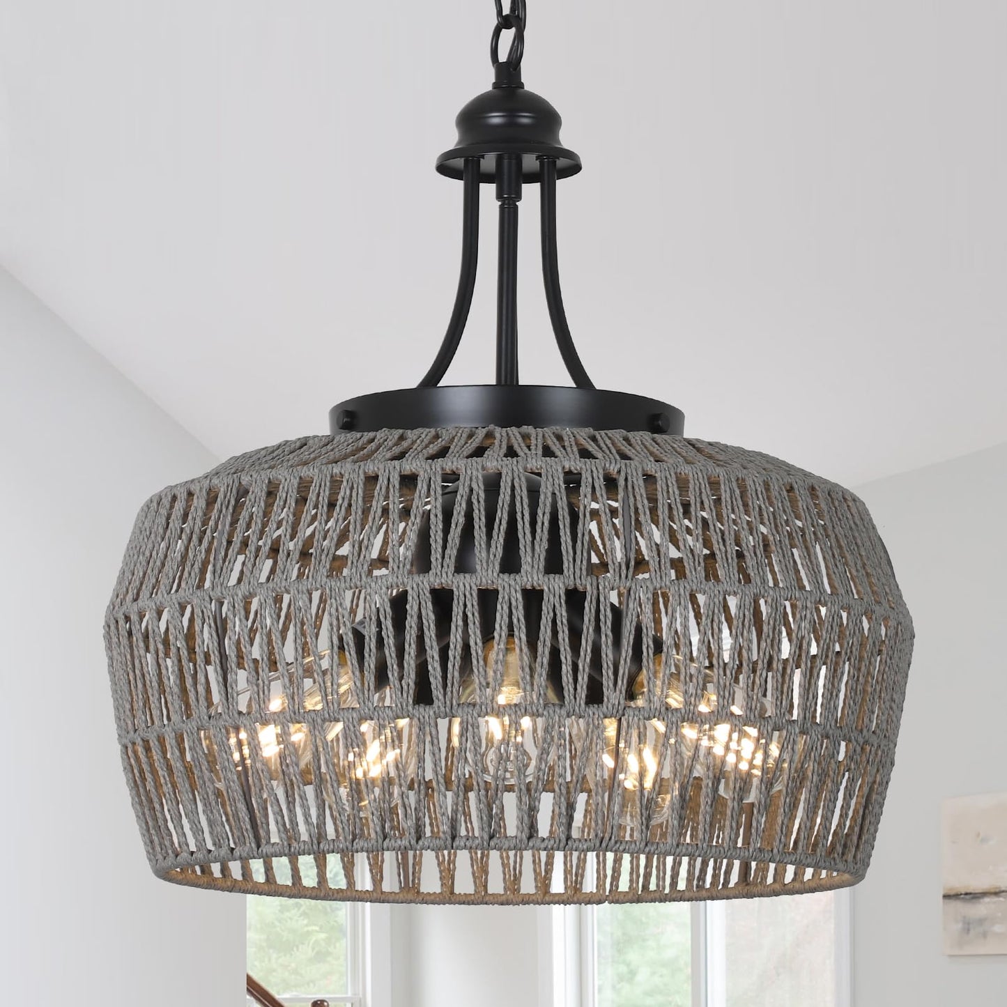HMVPL Farmhouse Chandelier for Dining Room, 3-Light Boho Rattan Chandelier Light Fixture Ceiling Hanging with Woven Lampshade, Small Wicker Coastal Pendant Light for Kitchen Bedroom Island Hallway